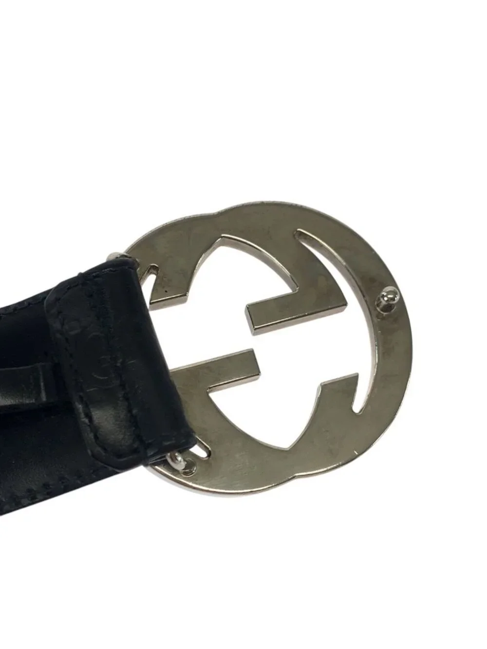 Gucci Guccissima Interlocking 85 Black Silver Leather Belt Buckle